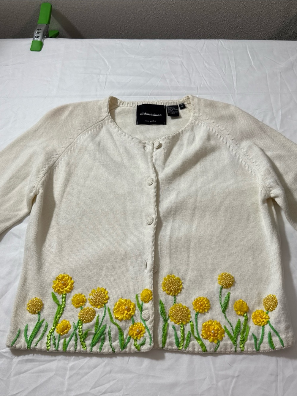 Vintage 2000 Michael Simon Cardigan, M, Embellished Floral Beaded Cottagecore